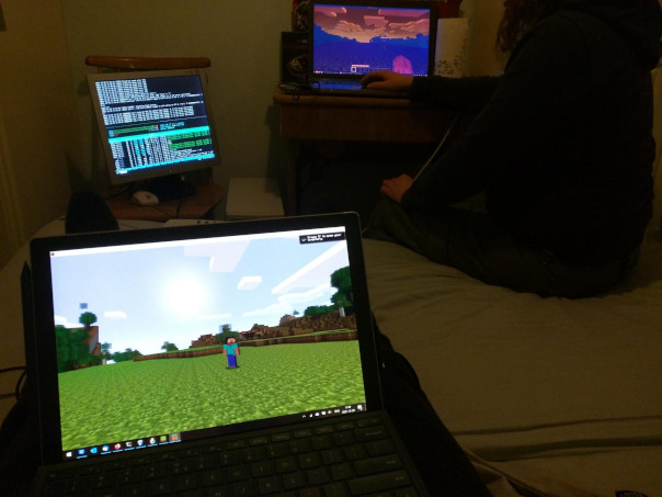 Syys showing Minecraft server console while me and wolf are on the server and playing